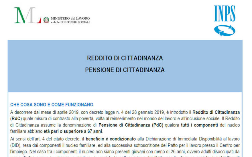 Modulo domanda reddito di cittadinanza